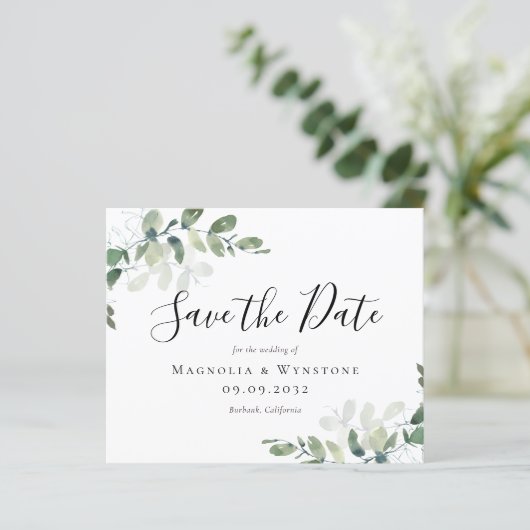 Papier BUDGET Eucalyptus Mariage Enregistrer La Date Cart (Debout devant)