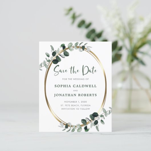 Papier Budget Eucalyptus Métallic Or Save the Date (Debout devant)