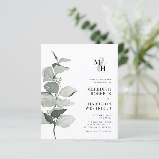 Papier Budget Eucalyptus Monogramme Faire-part de mariage (Debout devant)
