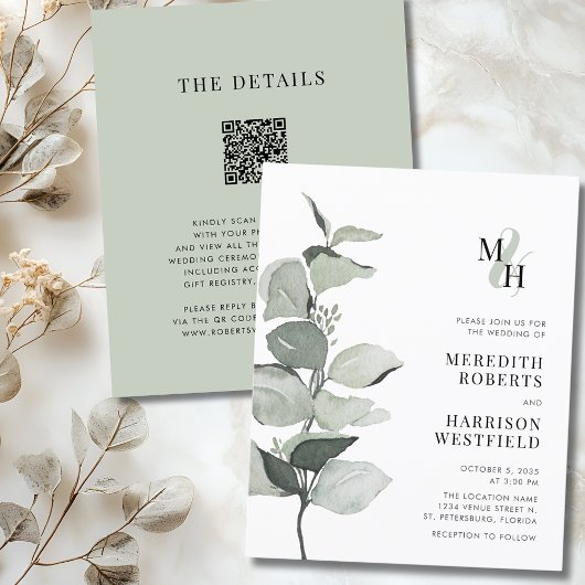 Papier Budget Eucalyptus Monogramme Faire-part de mariage