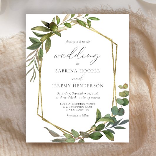 Papier Budget Eucalyptus Olive Gold Geo Wedding Invitatio