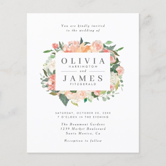 Papier Budget Eucalyptus Peach Aquarelle Mariage floral (Devant)