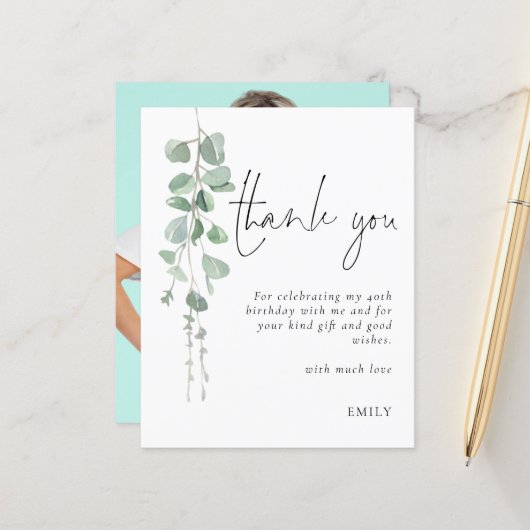 Papier Budget Eucalyptus Photo 40e anniversaire Merci (Devant/Arrière en situation)