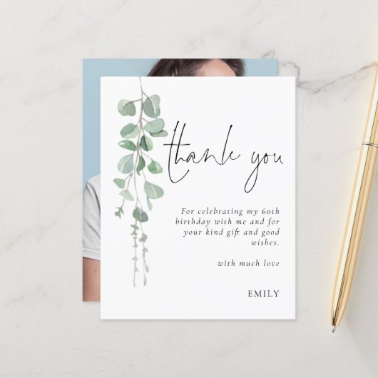 Papier Budget Eucalyptus Photo 60e anniversaire Merci (Devant/Arrière en situation)