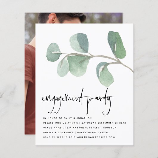 Papier Budget Eucalyptus Photo Engagement Invitation (Devant / Derrière)