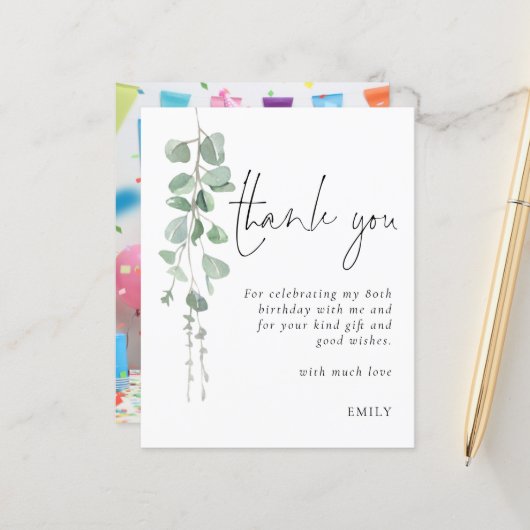 Papier Budget Eucalyptus Photo Merci de 80e anniversaire (Devant/Arrière en situation)