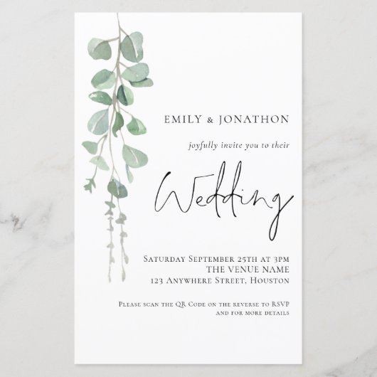Papier Budget Eucalyptus QR Code Script Mariage Invitatio (Devant)