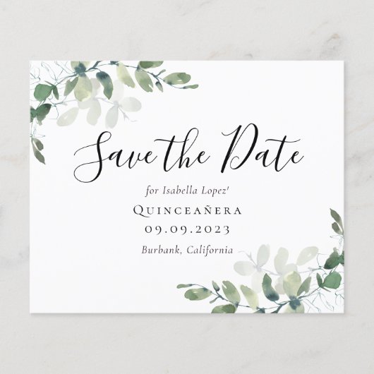 Papier BUDGET Eucalyptus Quinceañera Enregistrer la date (Devant)