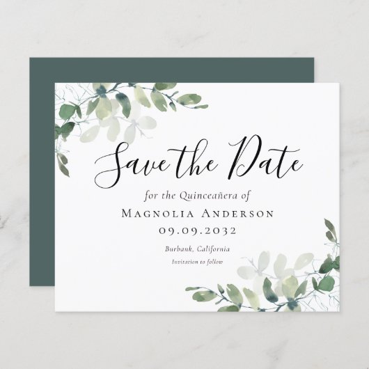 Papier BUDGET Eucalyptus Quinceañera Enregistrer La Date (Devant / Derrière)