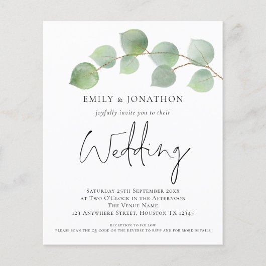 Papier BUDGET Eucalyptus Script 3 photo QR Wedding Invite (Devant)