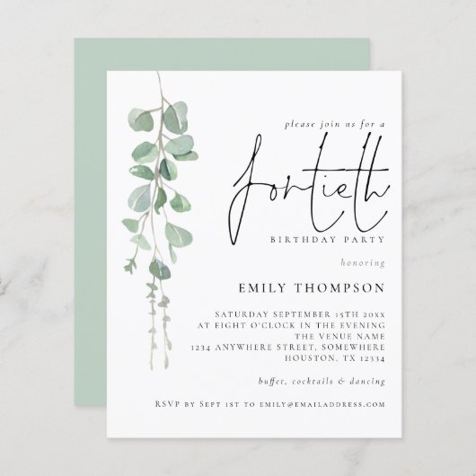 Papier Budget Eucalyptus Script 40e anniversaire Invitati (Devant / Derrière)
