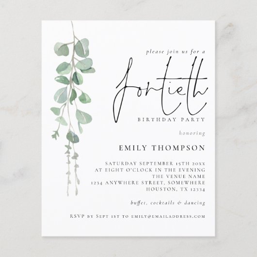 Papier Budget Eucalyptus Script 40e anniversaire Invitati (Devant)