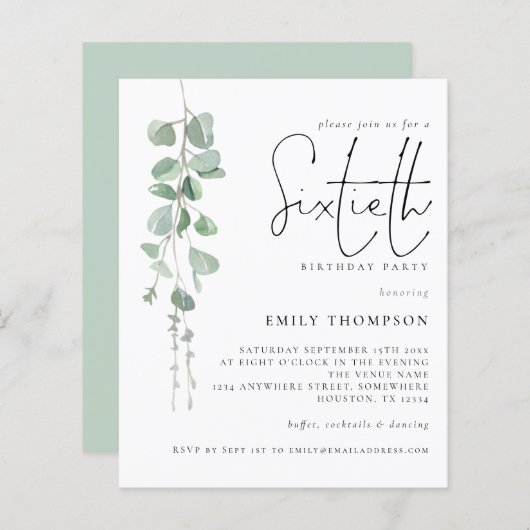 Papier Budget Eucalyptus Script 60e anniversaire Invitati (Devant / Derrière)