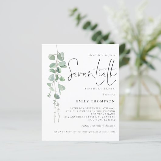 Papier Budget Eucalyptus Script 70e anniversaire Invitati (Debout devant)