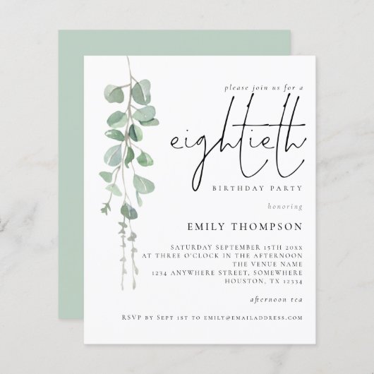 Papier Budget Eucalyptus Script 80e anniversaire Invitati (Devant / Derrière)