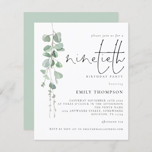 Papier Budget Eucalyptus Script 90e anniversaire Invitati (Devant / Derrière)