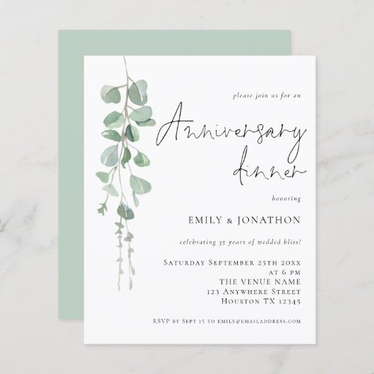 Papier Budget Eucalyptus Script Anniversaire Dîner Invita (Devant / Derrière)