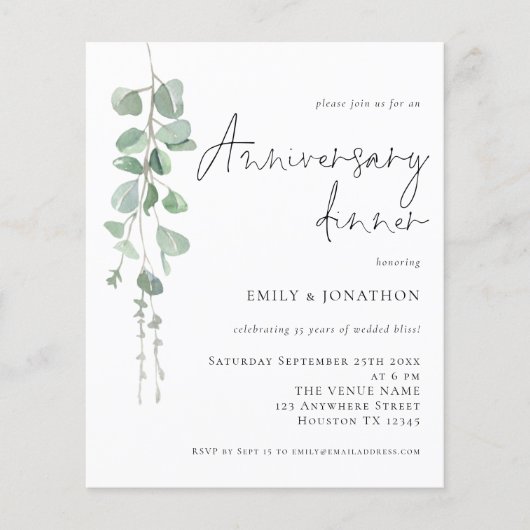 Papier Budget Eucalyptus Script Anniversaire Dîner Invita (Devant)