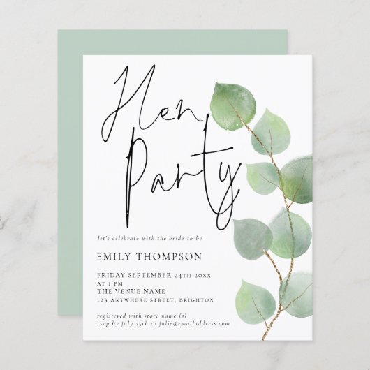 Papier Budget Eucalyptus Script Hen Party Invitation (Devant / Derrière)