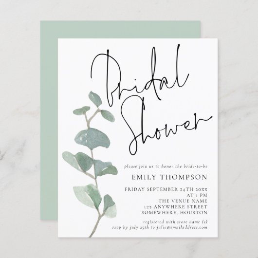 Papier Budget Eucalyptus Script nuptiale de douche Invita (Devant / Derrière)