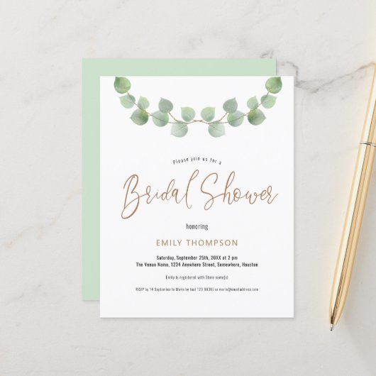 Papier Budget Eucalyptus Script nuptiale invitation douch (Devant/Arrière en situation)