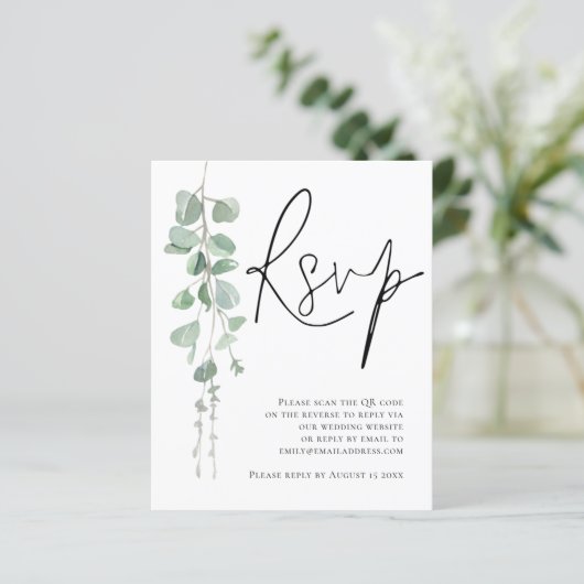 Papier Budget Eucalyptus Script QR Code Mariage RSVP Encl (Debout devant)