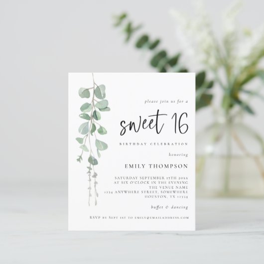 Papier Budget Eucalyptus Script Sweet 16 Invitation (Debout devant)