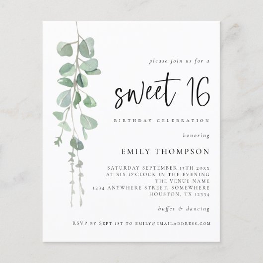 Papier Budget Eucalyptus Script Sweet 16 Invitation (Devant)