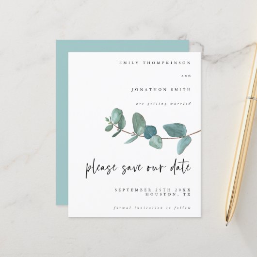 Papier Budget Eucalyptus Script Wedding Enregistrer La Da (Devant/Arrière en situation)