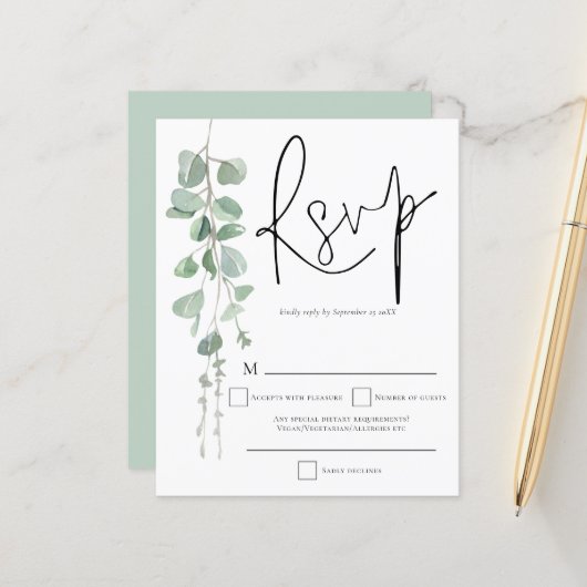 Papier Budget Eucalyptus Script Wedding RSVP (Devant/Arrière en situation)
