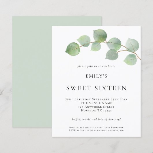 Papier Budget Eucalyptus Sweet sixteen Anniversaire Invit (Devant / Derrière)