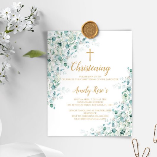 Papier Budget Eucalyptus verdure Christening Invitation