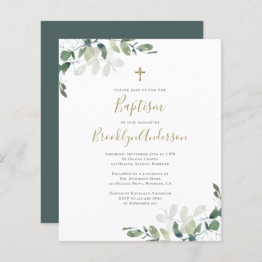 Papier Budget Eucalyptus Vert Baptême Invitation (Devant / Derrière)