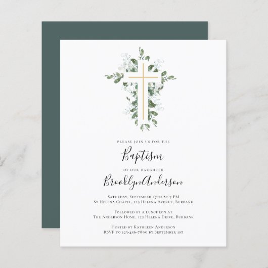 Papier Budget Eucalyptus Vert Baptême Invitation (Devant / Derrière)