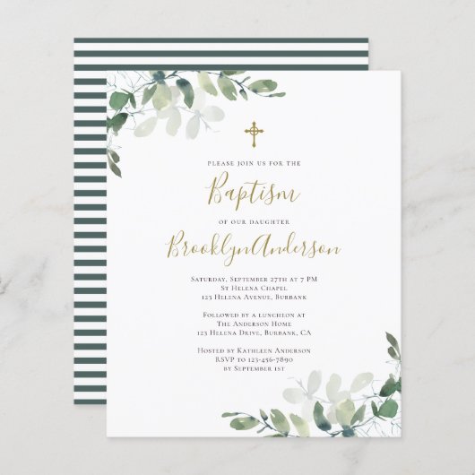 Papier Budget Eucalyptus Vert Baptême Invitation (Devant / Derrière)