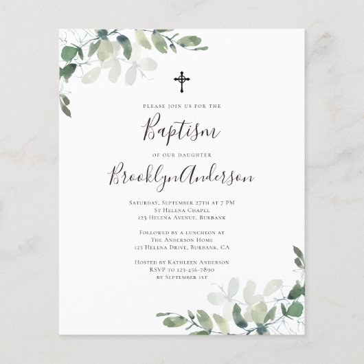 Papier Budget Eucalyptus Vert Baptême Invitation (Devant)