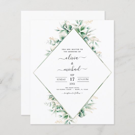Papier Budget Eucalyptus Vert Mariage Invitations (Devant / Derrière)