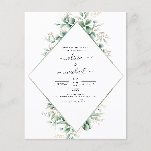 Papier Budget Eucalyptus Vert Mariage Invitations (Devant)
