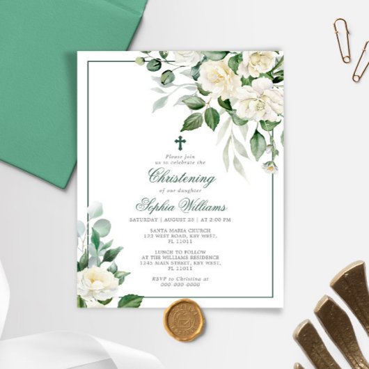 Papier Budget Eucalyptus White Christening Invitation
