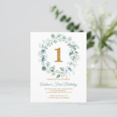 Papier Budget Eucalyptus Wreath First Birthday Invitation (Debout devant)