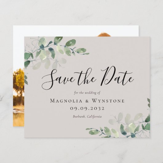 Papier BUDGET Faire-part de mariage à l'aquarelle Eucalyp (Devant / Derrière)