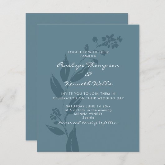 Papier Budget Faire-part de mariage Bleu Rustique Botaniq (Devant / Derrière)