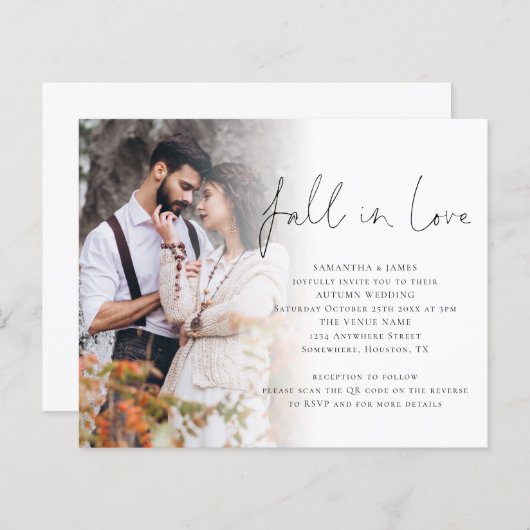 Papier Budget Fall In Love Photo QR Code Mariage Invitati (Devant / Derrière)