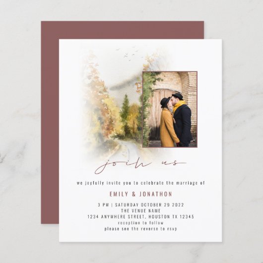 Papier Budget Fall Trees Photo QR Rejoignez-nous Mariage (Devant / Derrière)