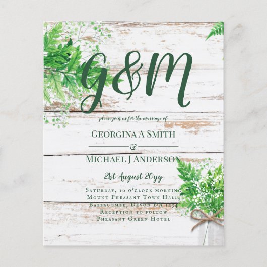 Papier BUDGET Fermes rustiques Verdure Mariage chic Invit (Devant)