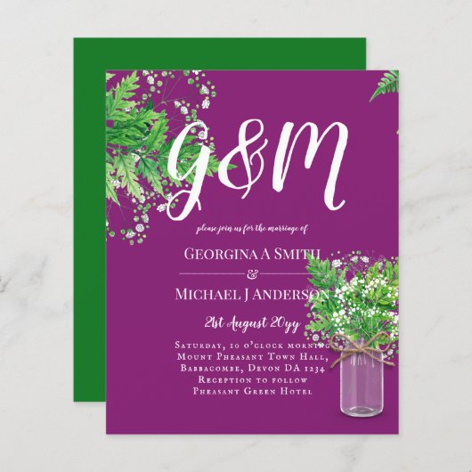 Papier BUDGET Ferns Verdure Magenta Mariage Invitation (Devant / Derrière)