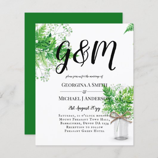 Papier BUDGET Ferns Verdure Mariage blanc Invitation (Devant / Derrière)