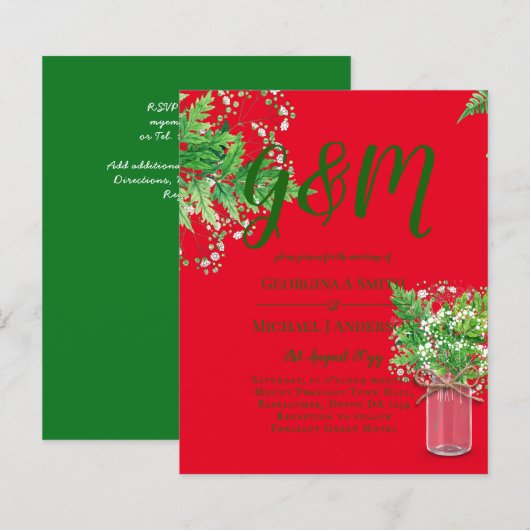 Papier BUDGET Ferns Verdure Mariage rouge Invitation (Devant / Derrière)