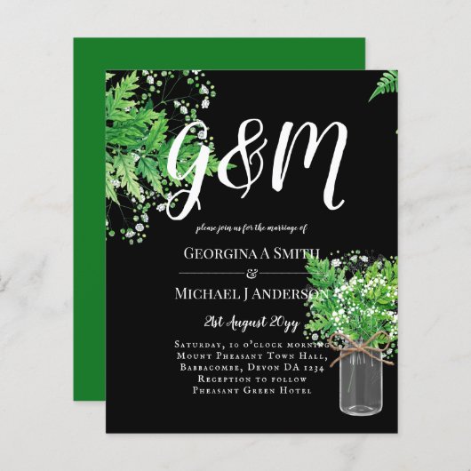 Papier BUDGET Ferns Verdure Noir Mariage Invitation (Devant / Derrière)