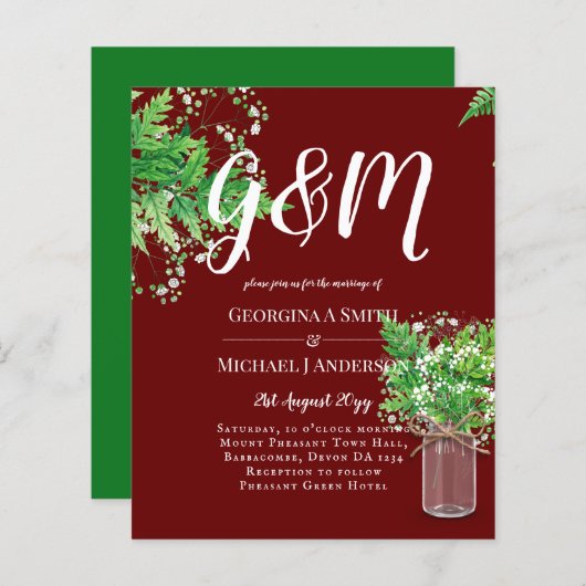 Papier BUDGET Ferns Vert Bourgogne Mariage Invitation (Devant / Derrière)